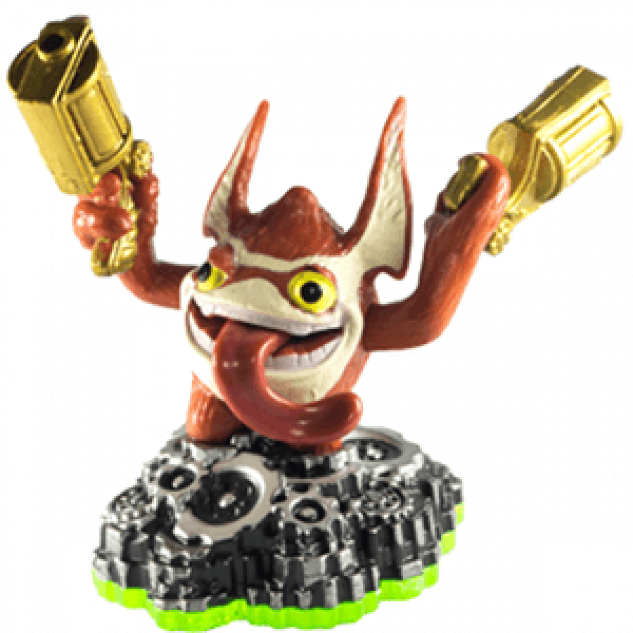 Trigger Happy Skylanders Spyro’s Adventure figure, gold gremlin character with wide grin, dual golden pistols raised in firing pose, chaotic gunner stance, detailed collectible toy on portal base from Skylanders Spyro’s Adventure series