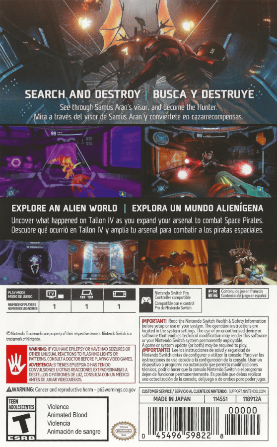 Metroid Prime Remastered back of box for Nintendo Switch action adventure game