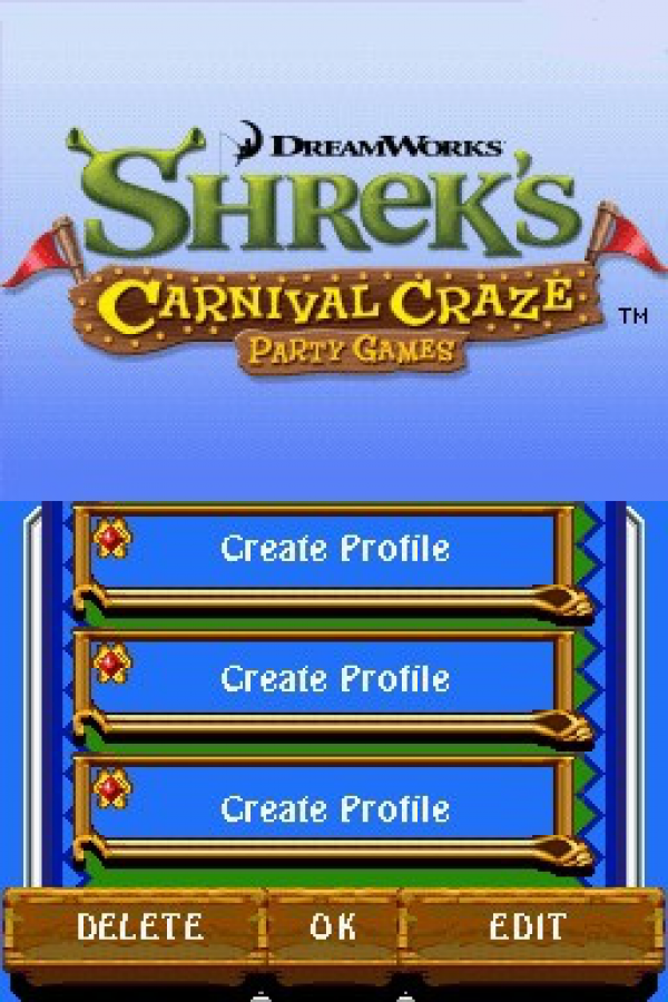 Shrek's Carnival Craze: Party Games start screen for Nintendo DS (DS) party mini-game collection video game
