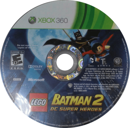 LEGO Batman 2: DC Super Heroes for Xbox 360 action adventure video game featuring cooperative gameplay, LEGO styled levels, iconic DC characters, and family friendly superhero missions experience disc