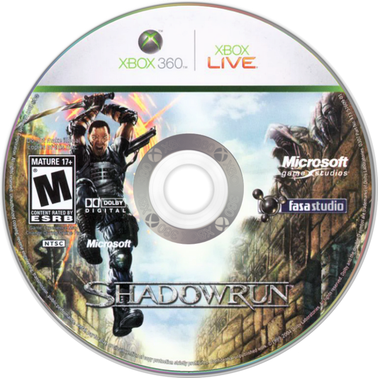 Shadowrun for Xbox 360 first person shooter video game featuring cyberpunk fantasy setting team based multiplayer magic and technology combat and unique cross platform gameplay experience disc