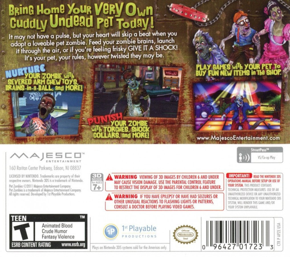 Pet Zombies back of case for Nintendo 3DS (3DS) pet simulation video game