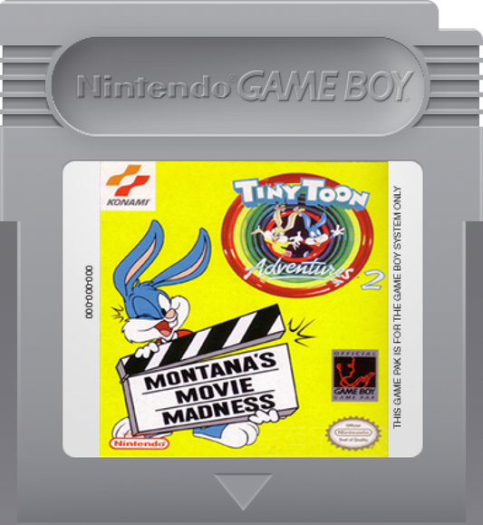 Tiny Toon Adventures 2 Montana's Movie Madness Nintendo Game Boy GB for retro video game enthusiasts featuring side scrolling action platforming gameplay Looney Tunes inspired cartoon characters colorful levels classic handheld adventure challenging platforming stages and collectible gaming appeal cartridge