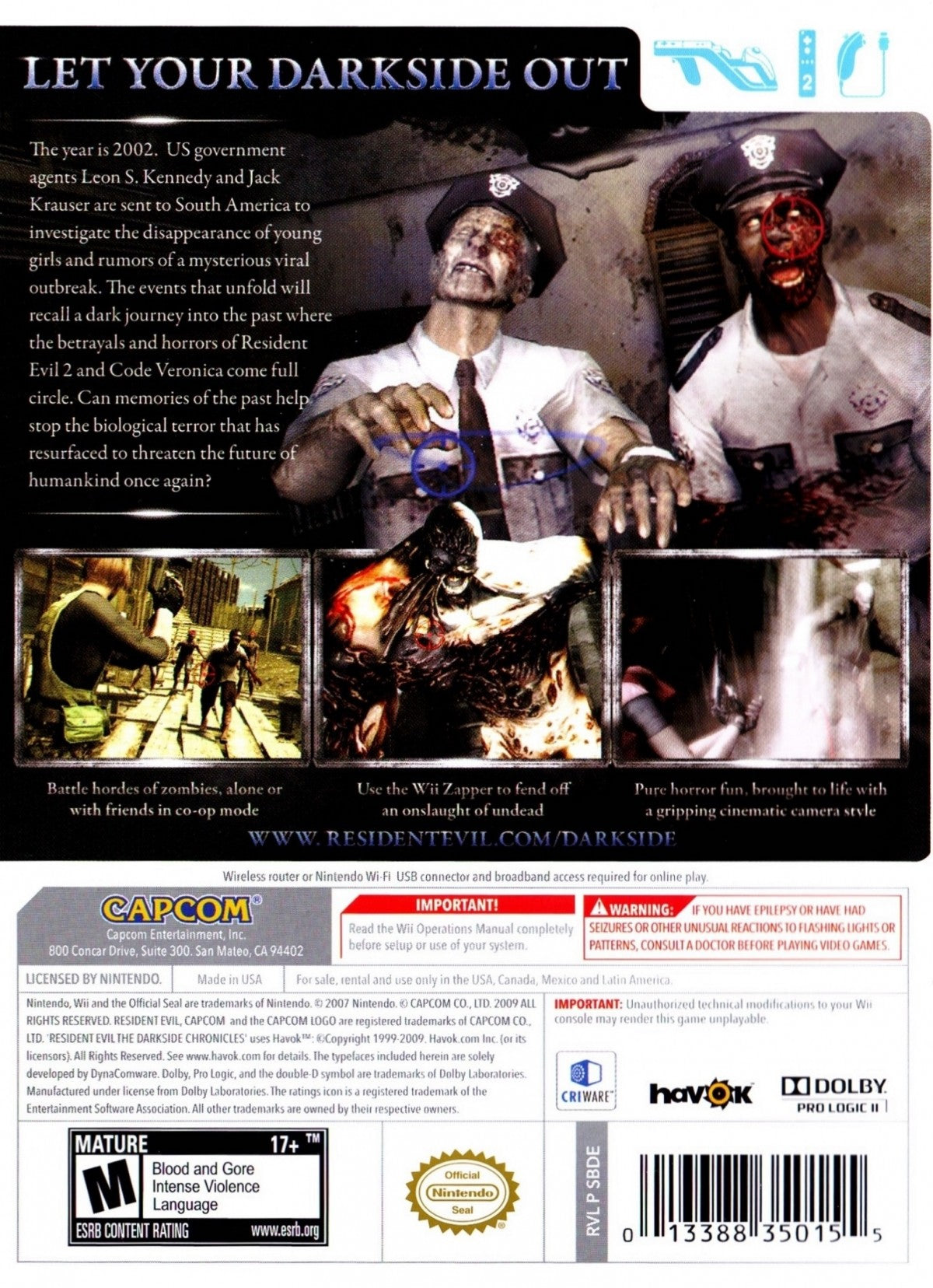Resident Evil The Darkside Chronicles Nintendo Wii light gun shooter rail shooter on-rails game Resident Evil series Capcom Operation Javier scenario Leon Kennedy Krauser Claire Redfield Umbrella chronicles zombie outbreak motion controls shooting gallery style back cover