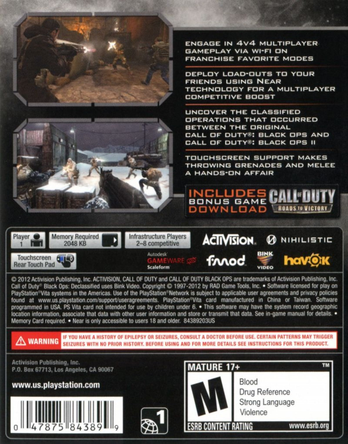 Call of Duty Black Ops Declassified back cover art for PlayStation Vita (PS VITA) video game