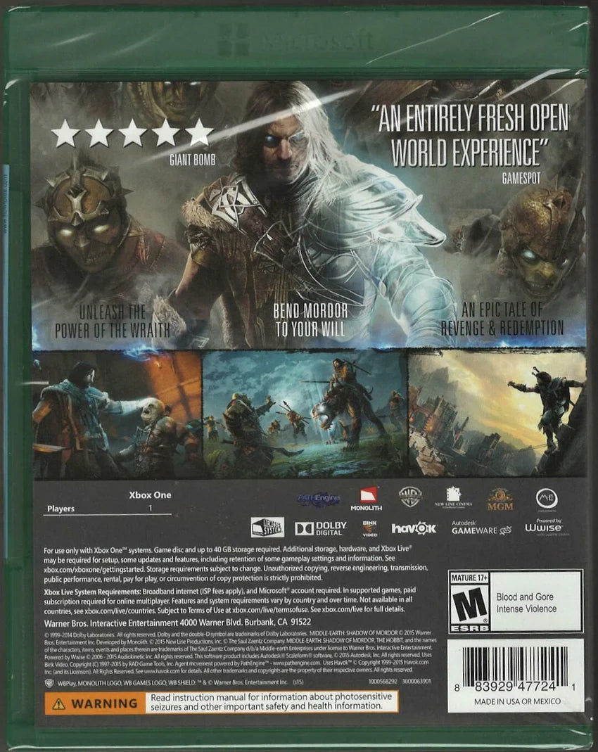 Middle Earth Shadow of Mordor Xbox One open-world action game with stealth combat and the Nemesis system in Tolkien’s universe back cover art