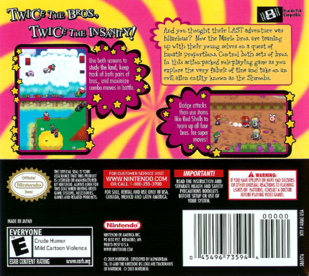 Mario & Luigi: Partners in Time back of case for Nintendo DS (DS) RPG adventure video game