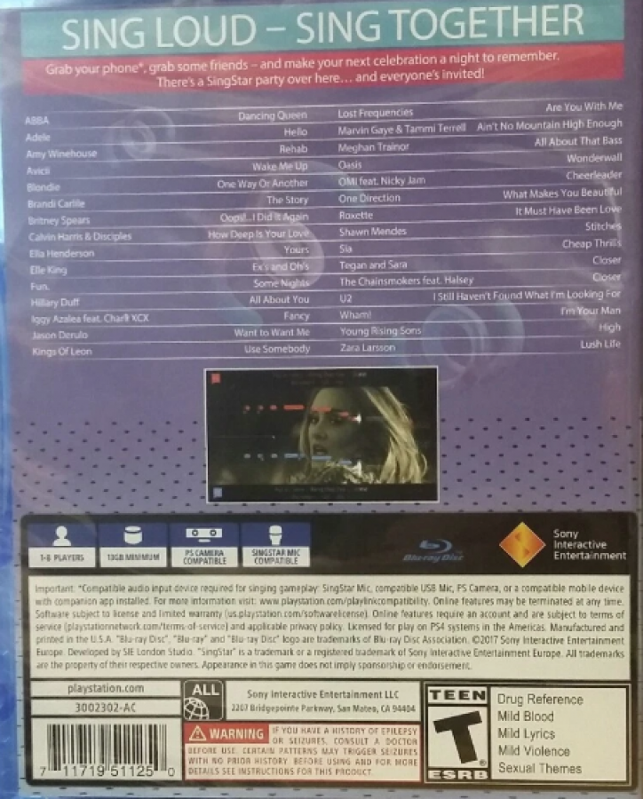 SingStar Celebration – PlayStation 4 (PS4) video game back of case, music rhythm party title