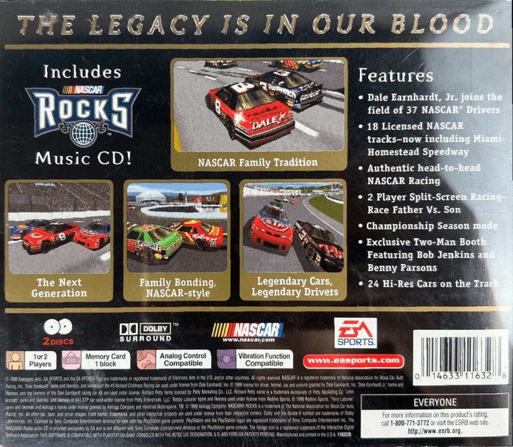 NASCAR 99 Legacy back of case for PlayStation 1 (PS1) retro racing video game