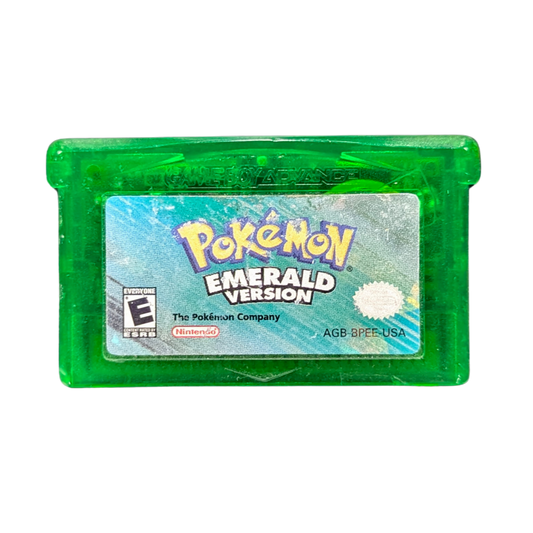 Pokemon Emerald CIB Game Boy Advance GBA RPG adventure game featuring Hoenn region exploration turn based battles Pokemon catching training legendary Rayquaza Battle Frontier complete in box collectible retro video game collection gaming appeal front of cartridge