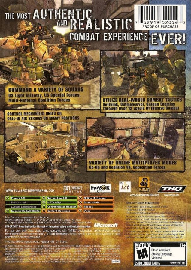 Full Spectrum Warrior: Ten Hammers back cover art for Xbox (XBOX) video game