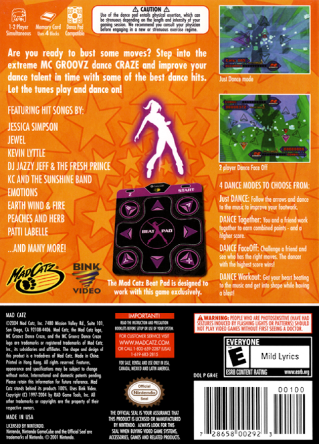 MC Groovz Dance Craze back of case for GameCube (GC) dance rhythm video game