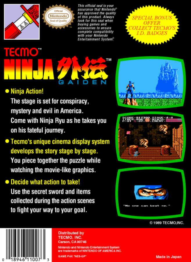 Ninja Gaiden back of box for Nintendo Entertainment System (NES) retro video game