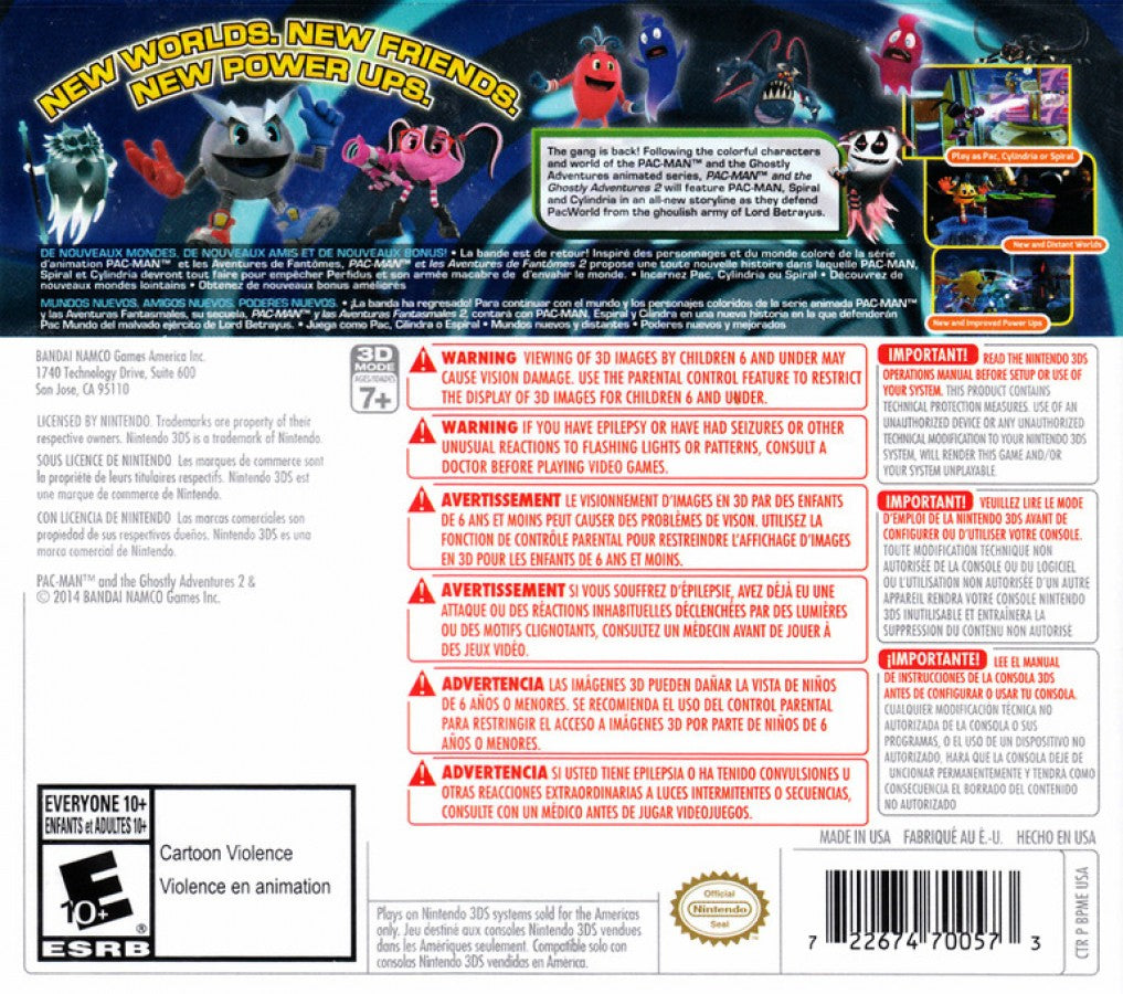 Pac-Man and the Ghostly Adventures 2 back of case for Nintendo 3DS (3DS) action platformer video game