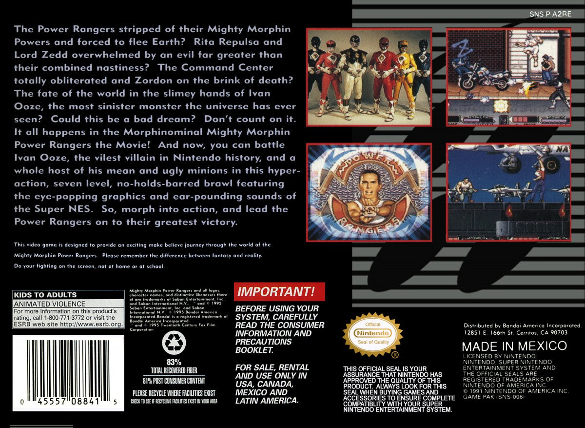 Mighty Morphin Power Rangers The Movie for Super Nintendo side scrolling beat em up featuring the Power Rangers battling enemies from the film with co op gameplay and action combat levels back cover art