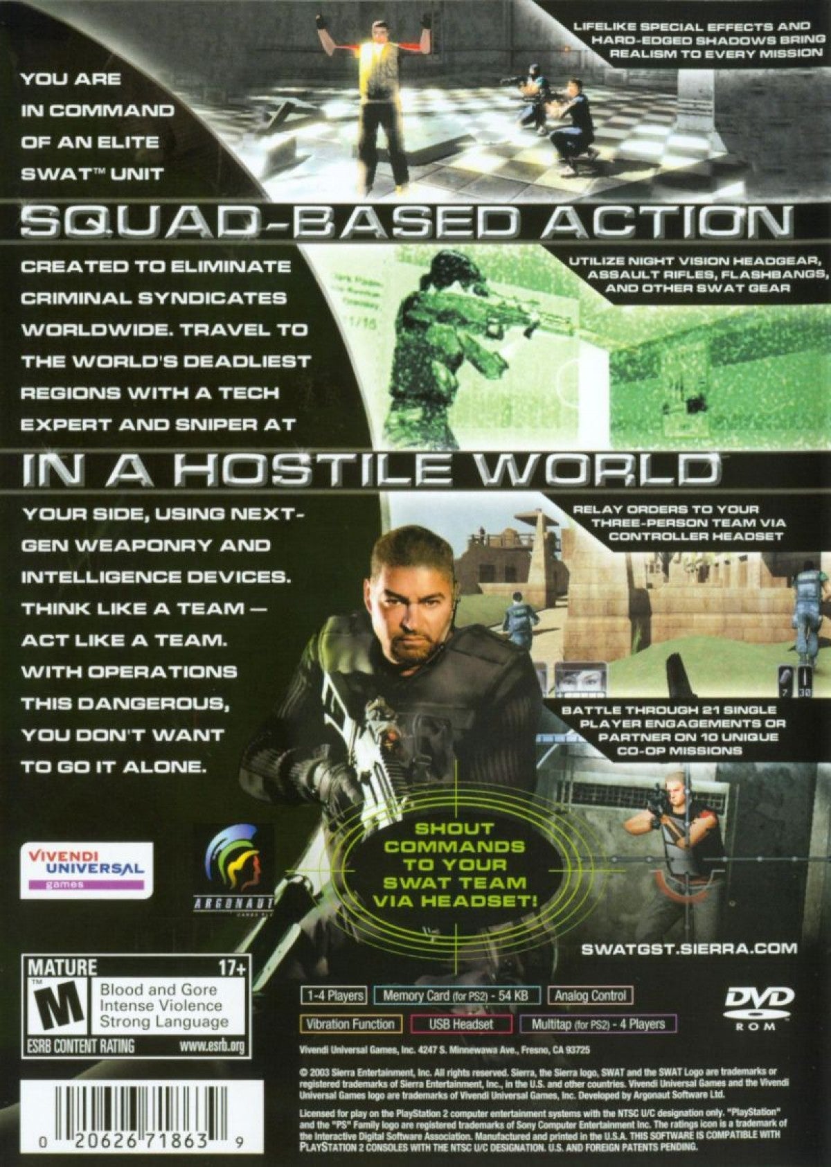 SWAT: Global Strike Team PS2 tactical shooter video game featuring squad-based law enforcement action, real-world weapons, mission-based objectives, hostage rescue scenarios, strategic team commands, cooperative play options, and realistic police-tactical gameplay on PlayStation 2. gameplay back cover
