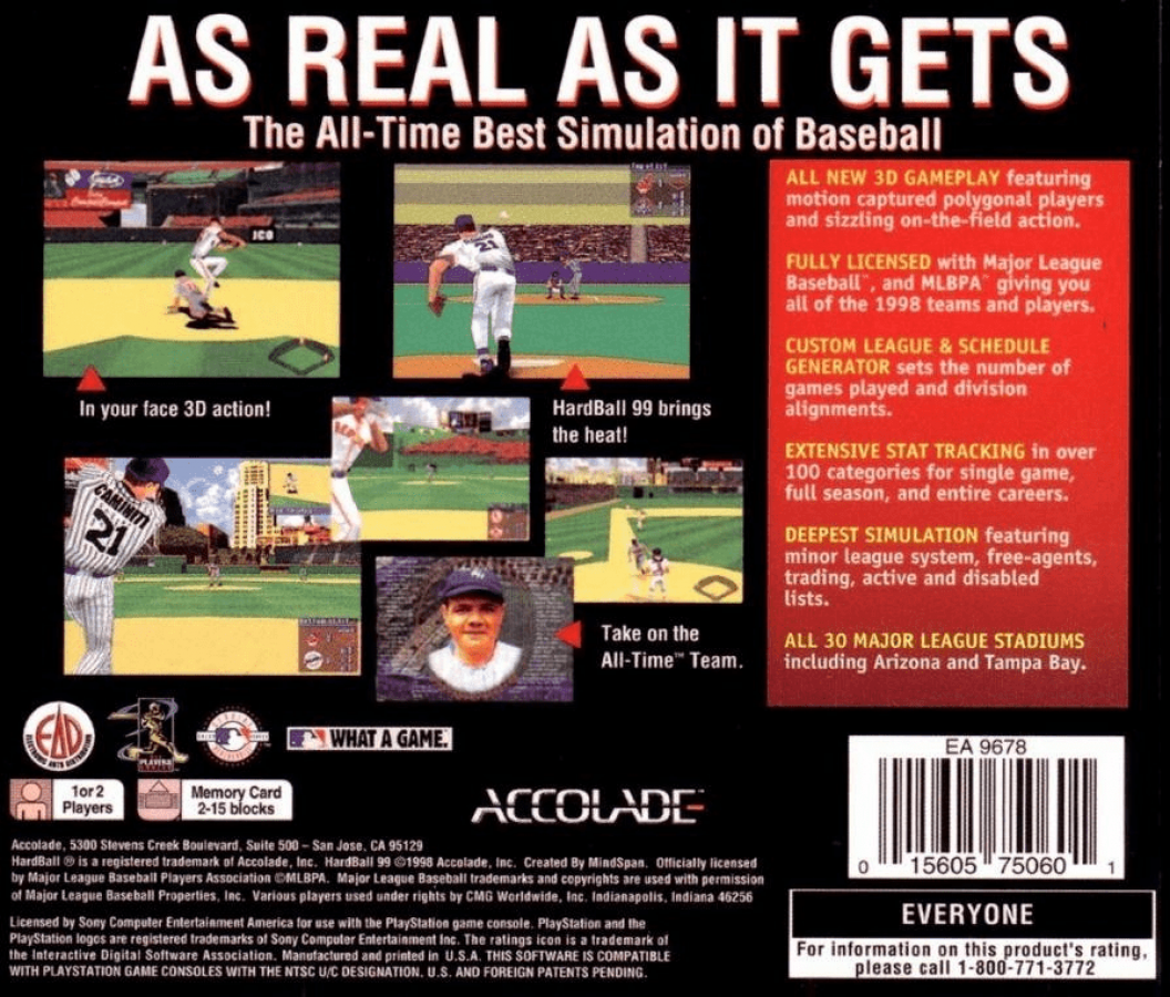 HardBall '99 back of case for PlayStation 1 (PS1) retro baseball video game