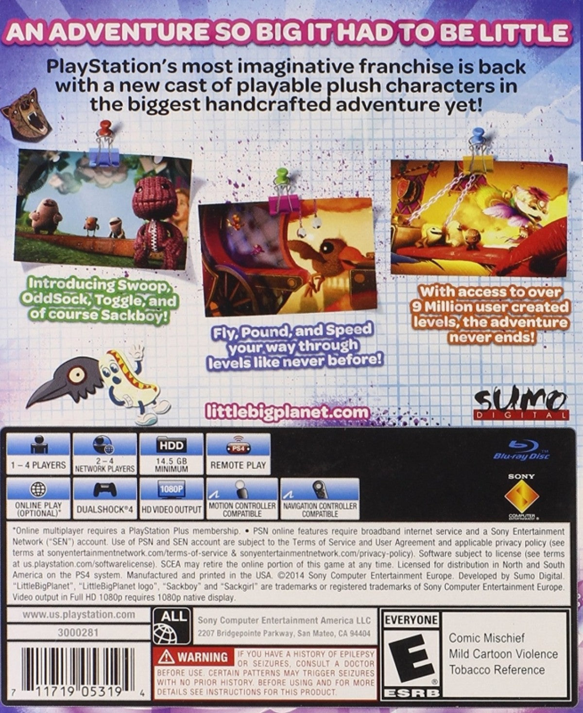 LittleBigPlanet 3 PS4 game featuring creative platforming gameplay, community created levels, and imaginative Sackboy adventure back cover