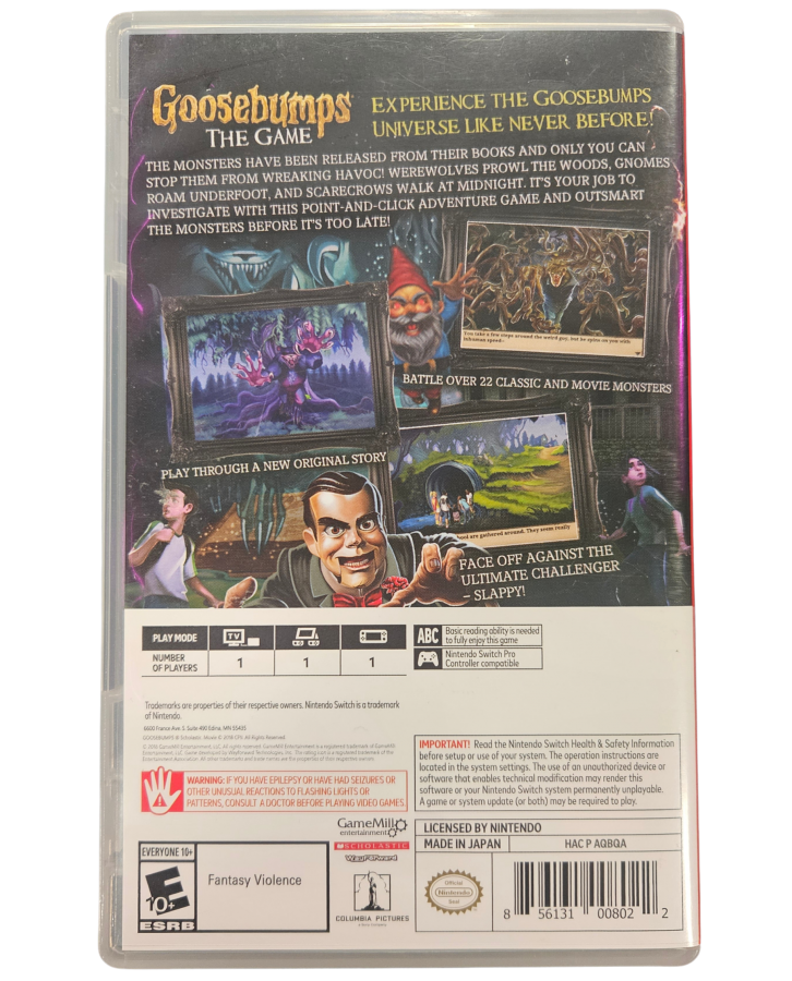 Goosebumps The Game Nintendo Switch for adventure video game fans featuring spooky puzzle solving interactive storytelling mysterious exploration classic Goosebumps monsters point and click gameplay family friendly horror collectible gaming appeal box art back