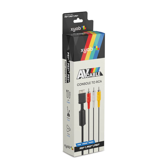 XYAB brand AV video cable compatible with PlayStation 1, PlayStation 2, and PlayStation 3 consoles for connecting to TV and transmitting audio and video signals