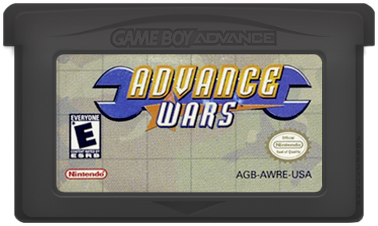Advance Wars cartridge for the Game Boy Advance featuring turn based strategy gameplay with grid based combat commanding units resource management and campaign missions with colorful military commanders cartridge