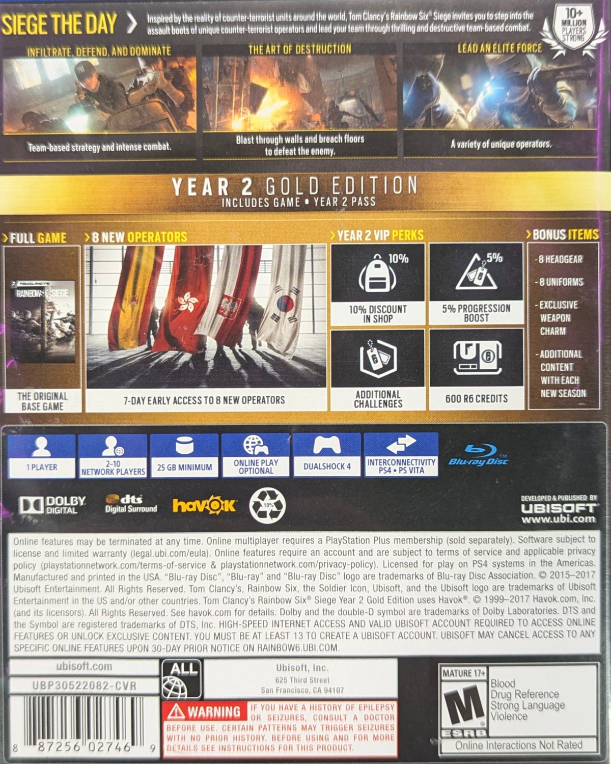 Tom Clancy's Rainbow Six: Siege Year 2 Gold Edition for PlayStation 4 (PS4) at Gamers INC, featuring the complete tactical shooter experience with the base game and the Year 2 Pass, granting you early access to 8 new Operators across 4 seasonal updates, exclusive headgear, and VIP perks for the ultimate competitive edge back cover