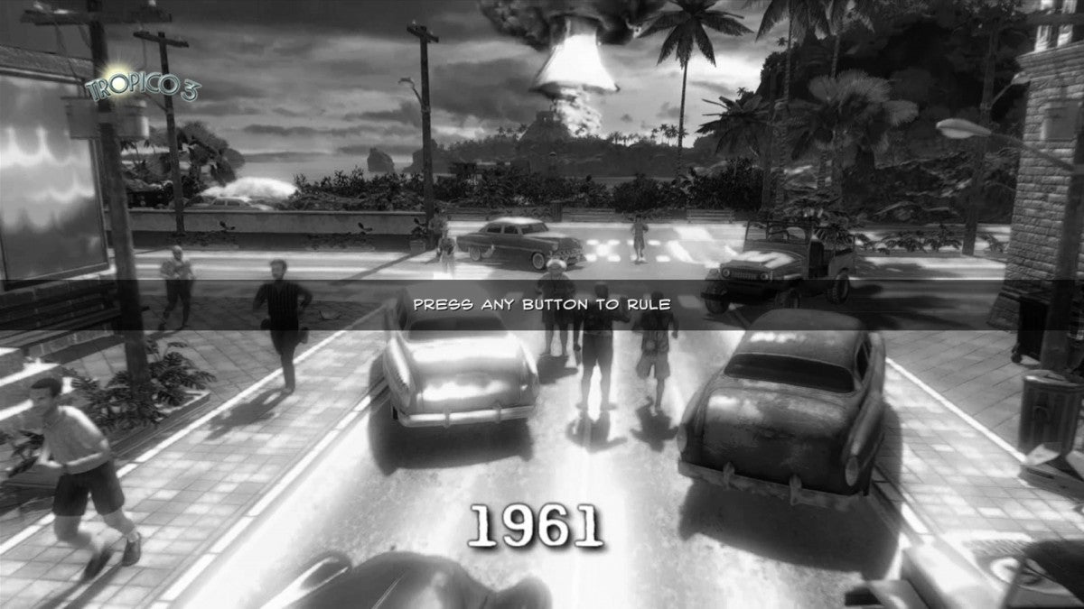 Tropico 3 start screen for Xbox 360 (X360) city-building political simulation video game