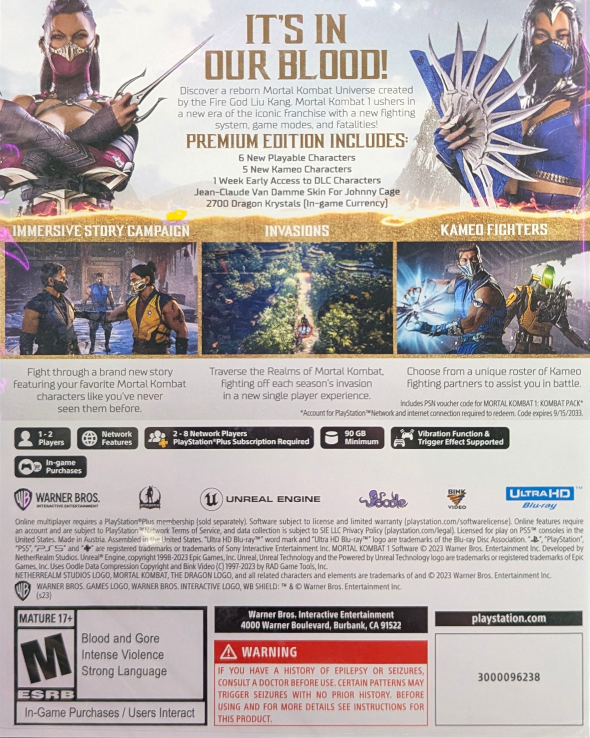 Mortal Kombat 1 Premium Edition for PlayStation 5 (PS5) at Gamers INC, featuring a reborn universe created by the Fire God Liu Kang with an all-new fighting system, brutal fatalities, and exclusive access to the Kombat Pack including six new playable characters and five new Kameo fighters back cover