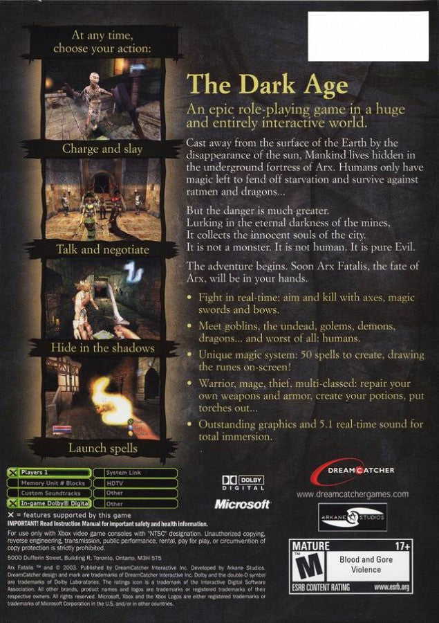 Arx Fatalis back cover art for Xbox (XBOX) video game