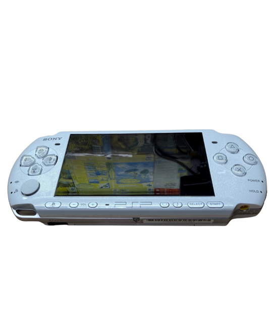 PSP 3000 Pearl White handheld console featuring slim lightweight Sony PlayStation Portable system bright LCD screen WiFi multimedia support and collectible portable gaming hardware view of screen
