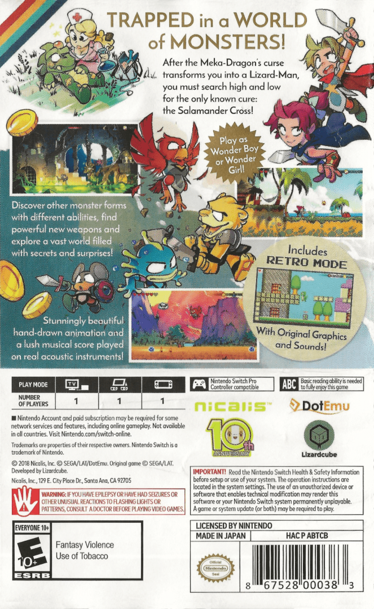 Wonder Boy The Dragon's Trap back of box for Nintendo Switch (NS) video game