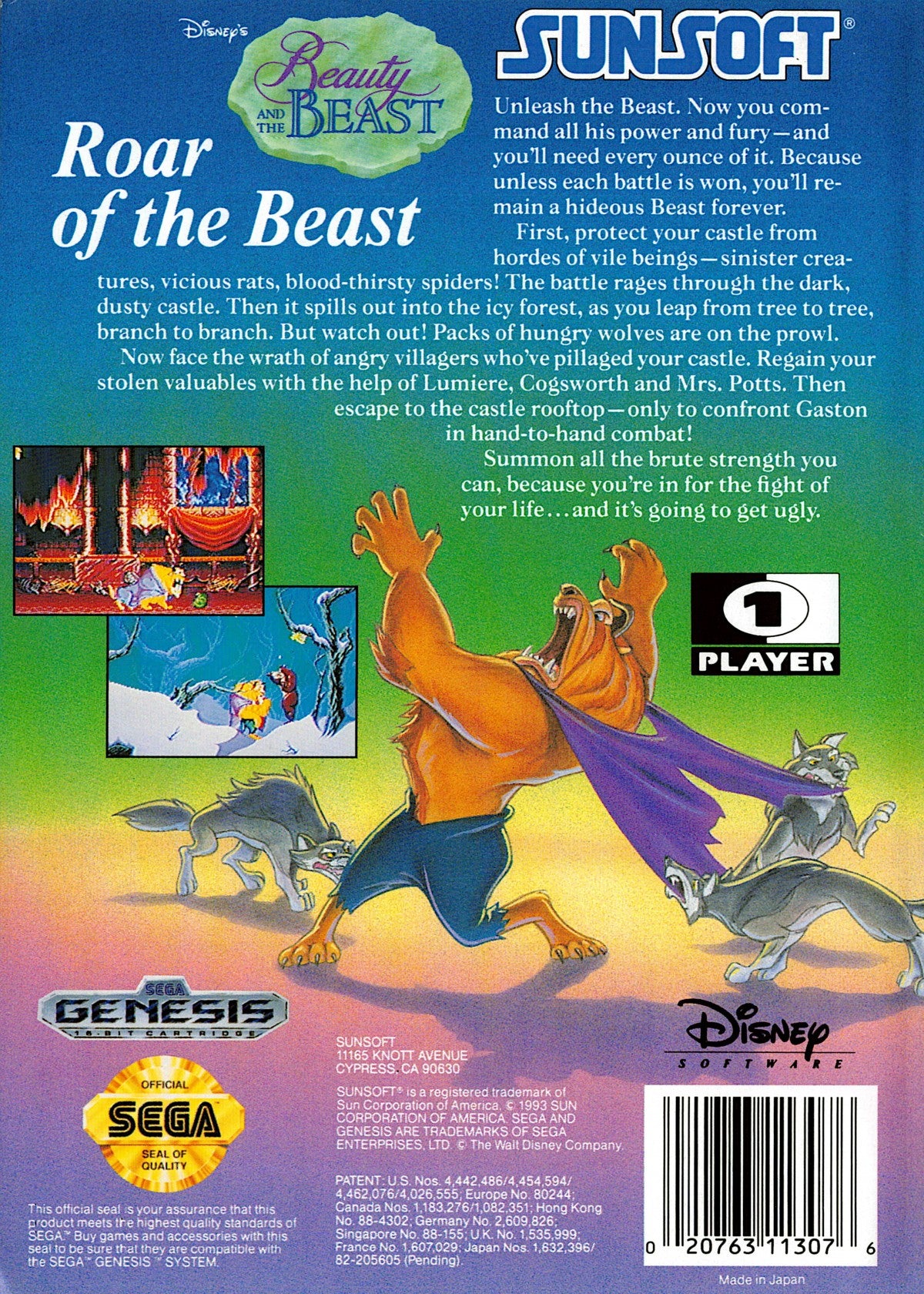 Disneys Beauty and the Beast Roar of the Beast Sega Genesis retro video game action platformer back of case (1993)