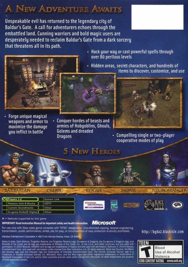 Baldur's Gate: Dark Alliance 2 back cover art for Xbox (XBOX) video game