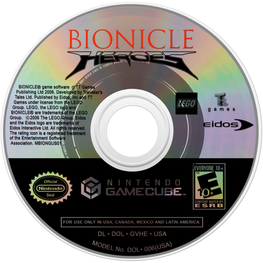 Disc cover art for the Bionicle Heroes GameCube game featuring action shooter gameplay and LEGO Bionicle character combat