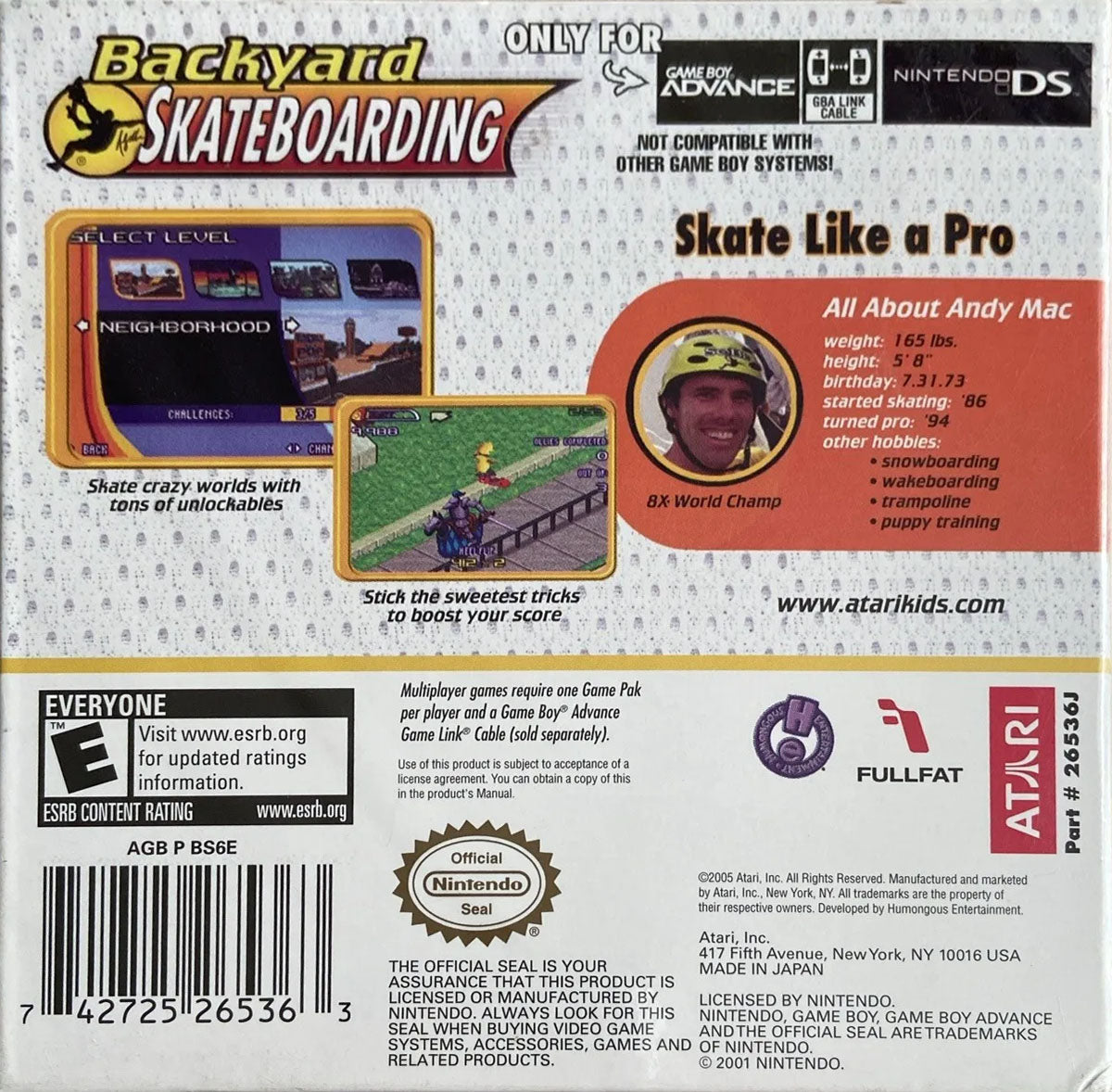 Backyard Skateboarding for Game Boy Advance with kid-friendly skateboarding action and trick-based gameplay back cover