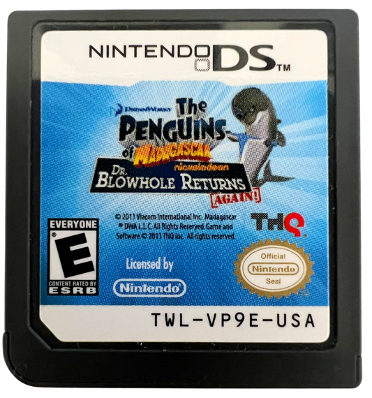Penguins of Madagascar Dr Blowhole Returns for Nintendo DS, cartridge for an action-adventure video game with mission-based gameplay, mini-games, cartoon-style humor, and character-driven challenges