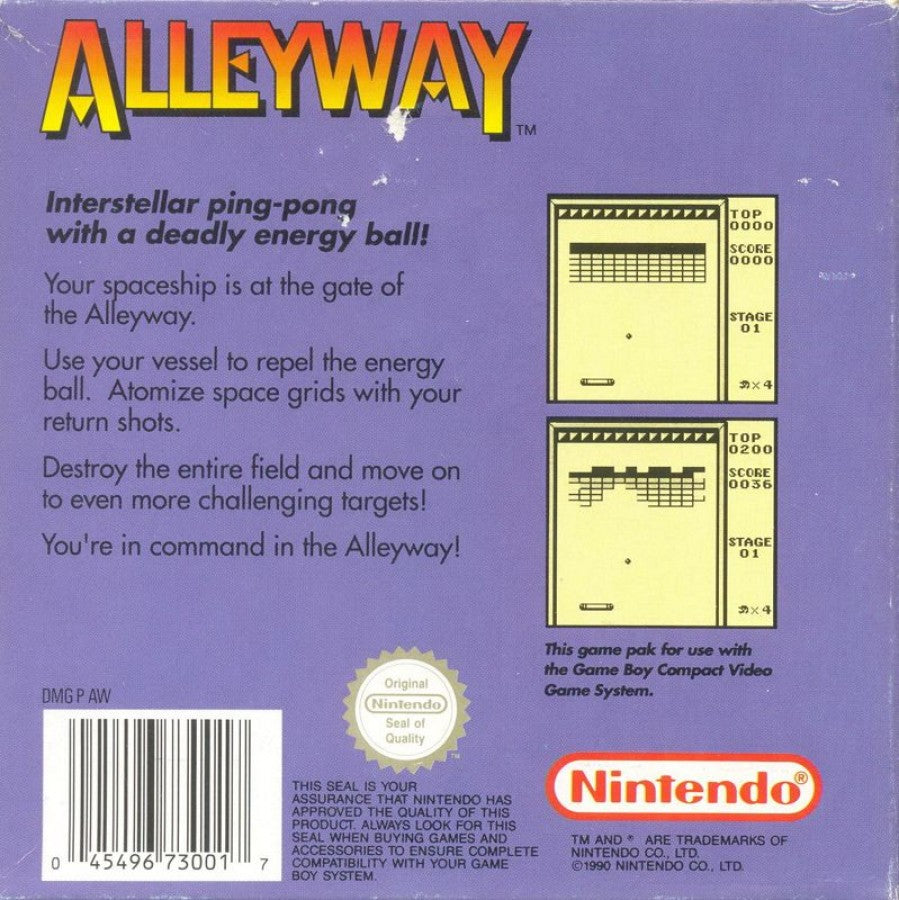 Alleyway back cover art for Game Boy (GB) video game