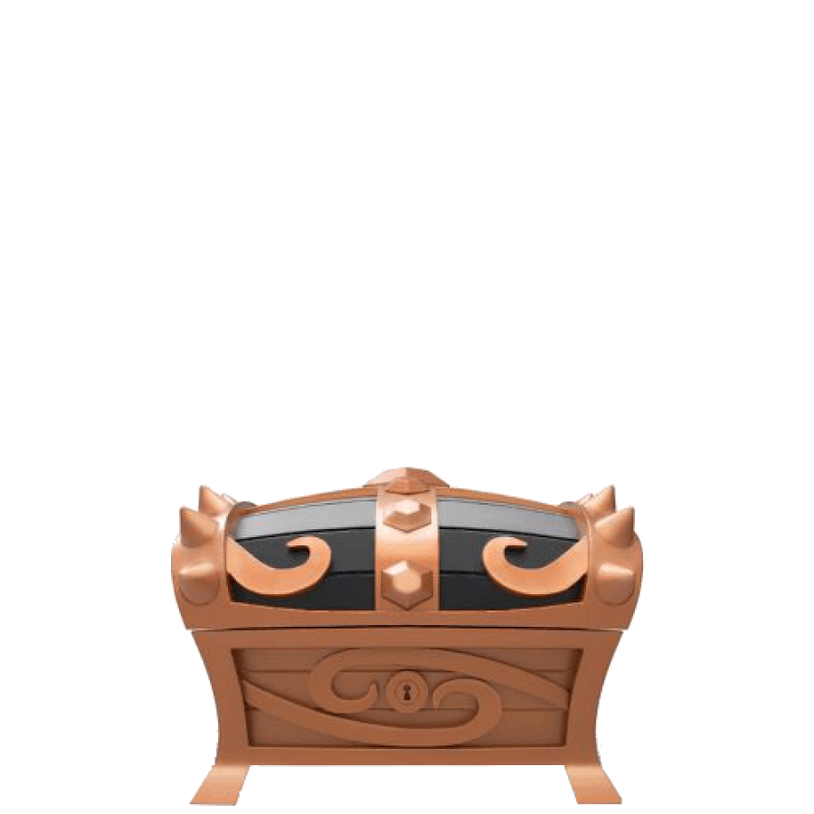 Bronze Mystery Chest Skylanders Imaginators figure, small treasure chest with bronze finish and detailed design on portal base, unlocks in-game rewards and items, collectible accessory from Skylanders Imaginators series