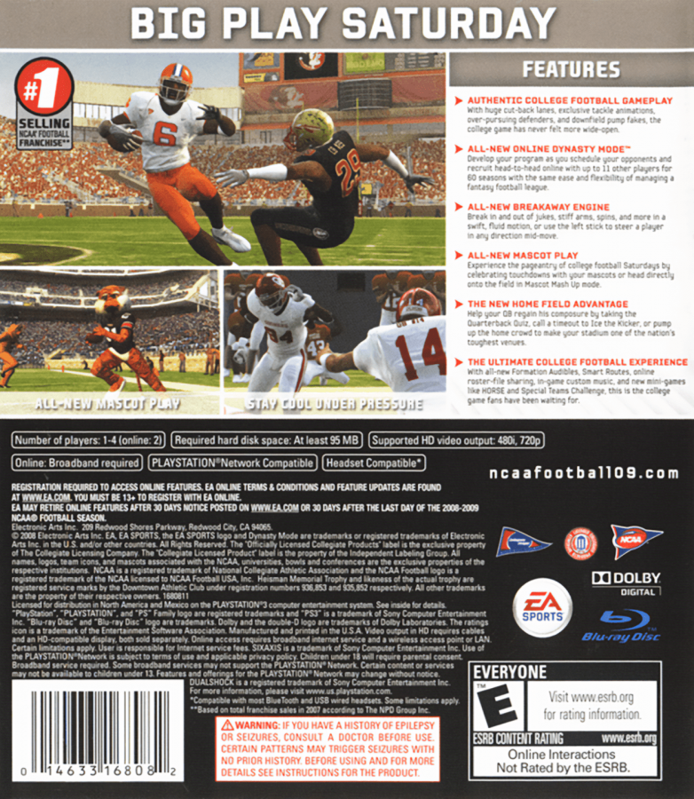 NCAA Football 09 back cover art for PlayStation 3 PS3 video game