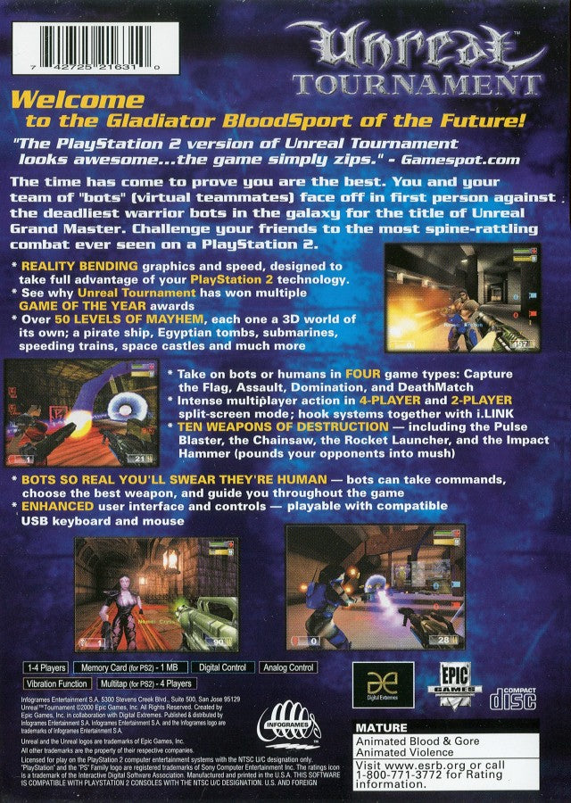 Unreal Tournament PlayStation 2 PS2 for first person shooter video game fans featuring fast paced arena combat futuristic weapons intense multiplayer battles single player tournament mode competitive gameplay sci fi environments classic FPS action collectible gaming appeal back cover art