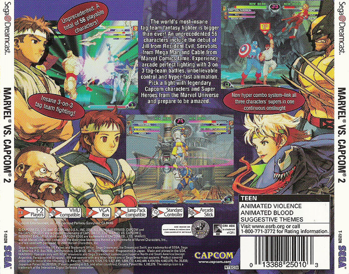 Marvel vs. Capcom 2 Dreamcast featuring fast-paced 2D fighting gameplay with iconic Marvel and Capcom characters back cover art