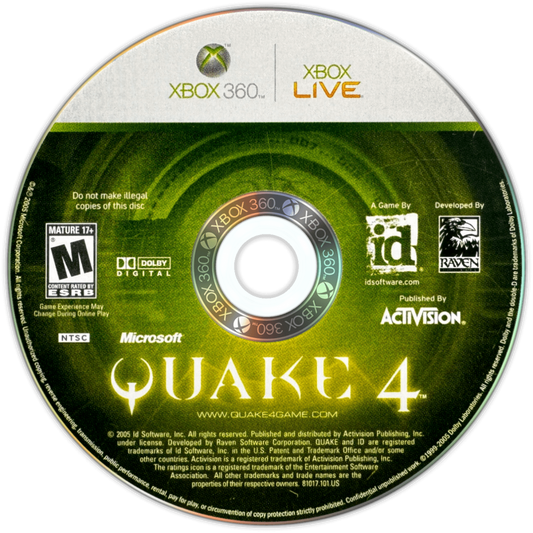 Quake 4 disc for Xbox 360 (X360) sci-fi first-person shooter video game