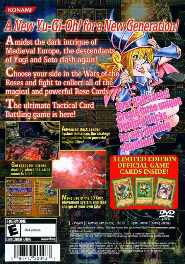 Yu-Gi-Oh! The Duelists of the Roses back cover art for Playstation 2 (PS2) video game.