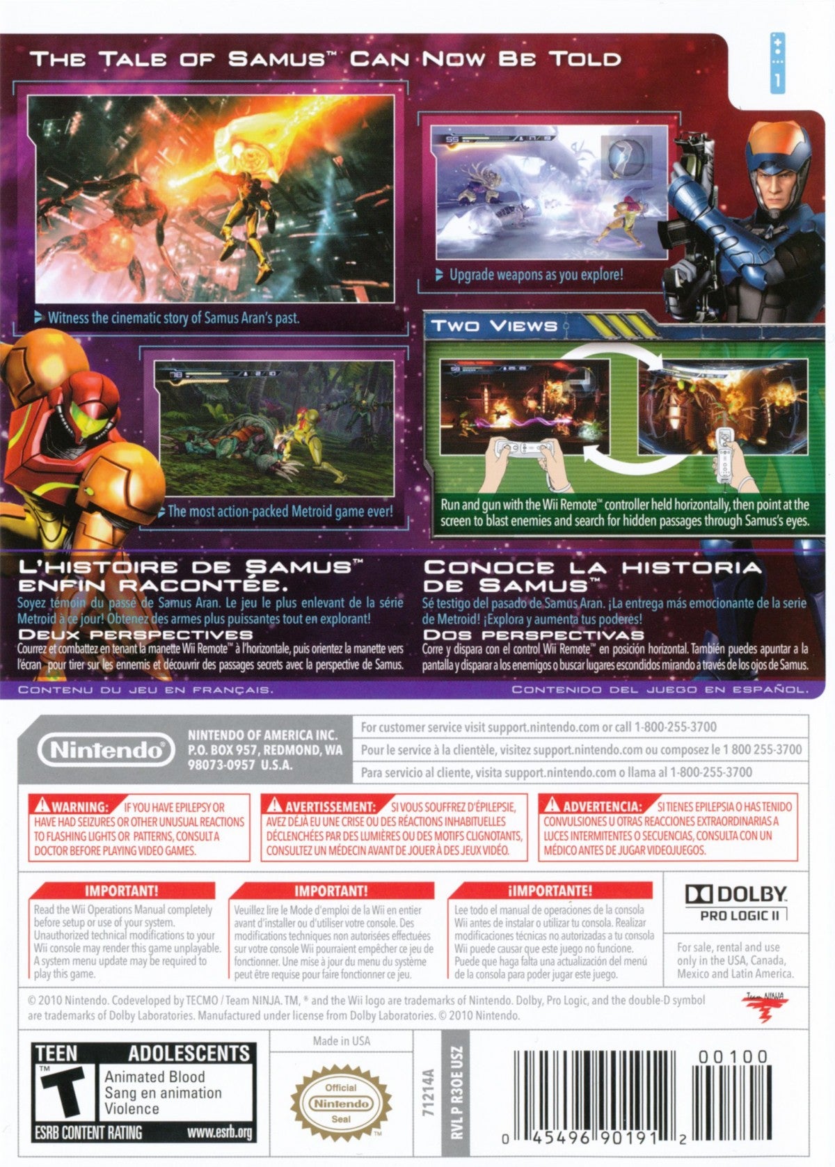 Metroid Other M retro Wii video game Metroid sci fi action adventure third person shooter space exploration bounty hunter combat cinematic gameplay console title Nintendo Wii release back of case