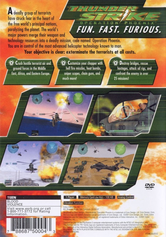 Thunderstrike: Operation Phoenix – PlayStation 2 (PS2) video game back of case, aerial combat action.