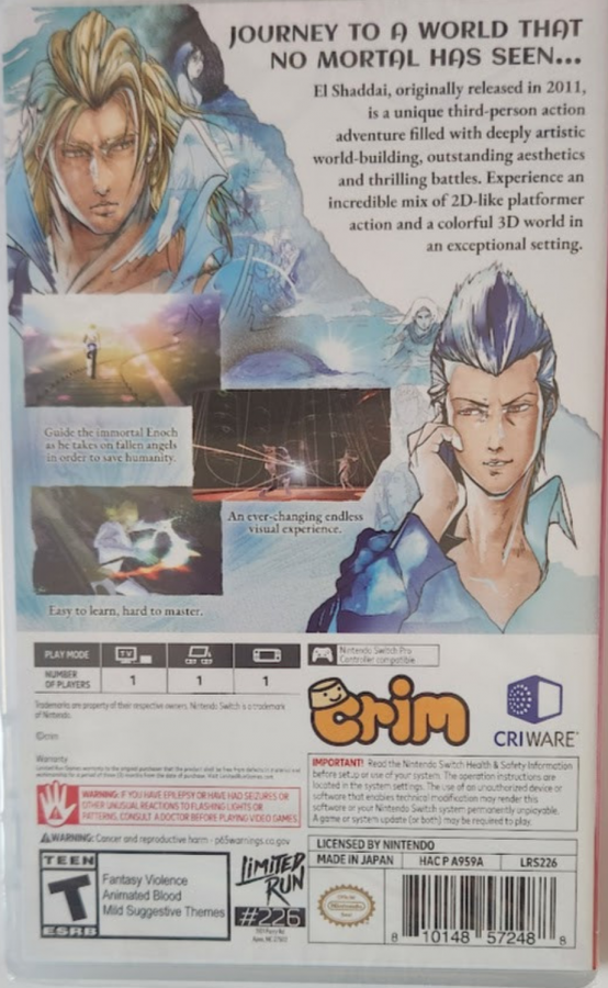 El Shaddai Ascension of the Metatron Limited Run #226 Nintendo Switch inspired design featuring visionary action adventure aesthetic striking artistic visuals celestial mythology inspired storytelling stylish combat surreal fantasy environments collectible limited release and immersive narrative gameplay presentation back cover