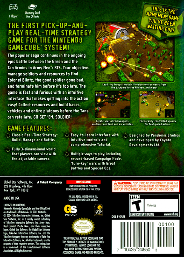 Army Men: R.T.S. back of case for GameCube (GC) real-time strategy video game