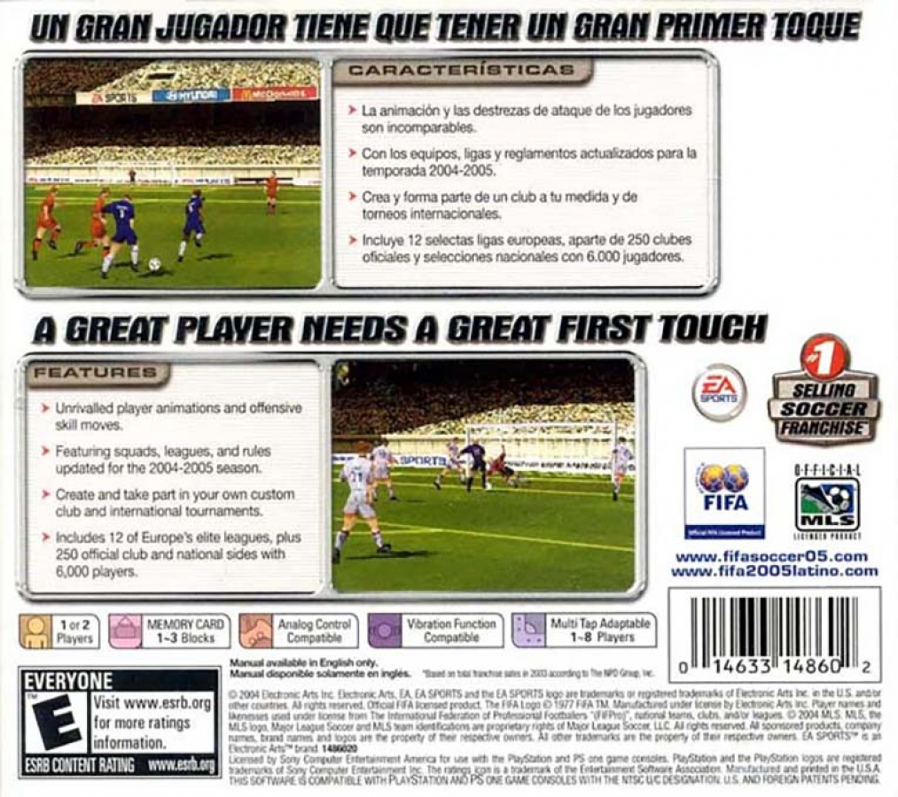FIFA 2005 back of case for PlayStation 1 (PS1) retro soccer video game