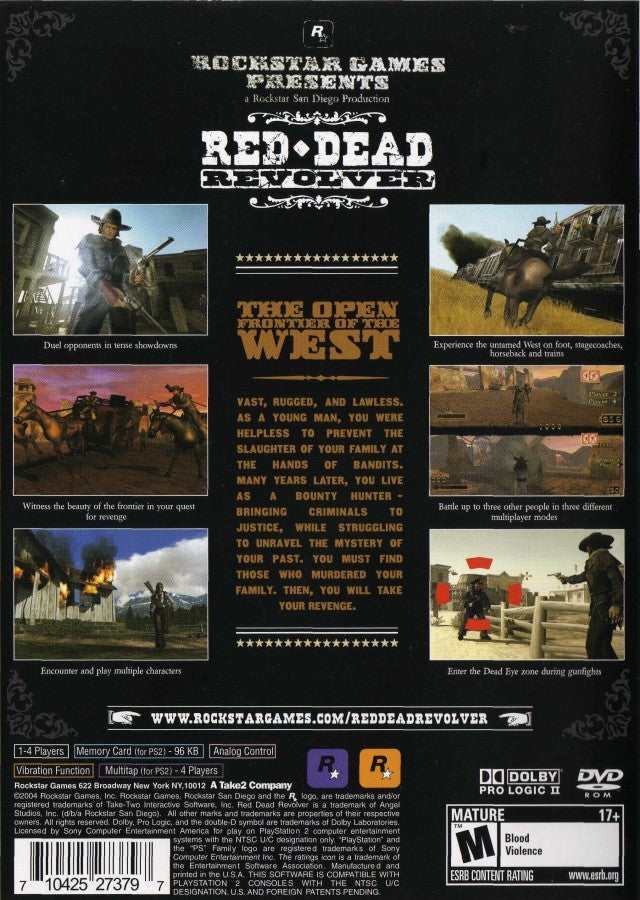 Red Dead Revolver back cover for Playstation 2 video game.