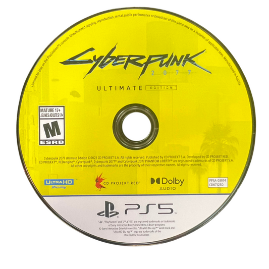 Cyberpunk 2077 Ultimate Edition PlayStation 5 PS5 for open world action role playing video game fans featuring futuristic Night City exploration first person combat cybernetic upgrades character customization branching storylines vehicles side missions and Phantom Liberty expansion content immersive sci fi gameplay and collectible gaming appeal disc